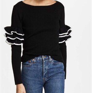 Club Monaco Black and White Feleesha Wool Ruffle Sleeve Sweater